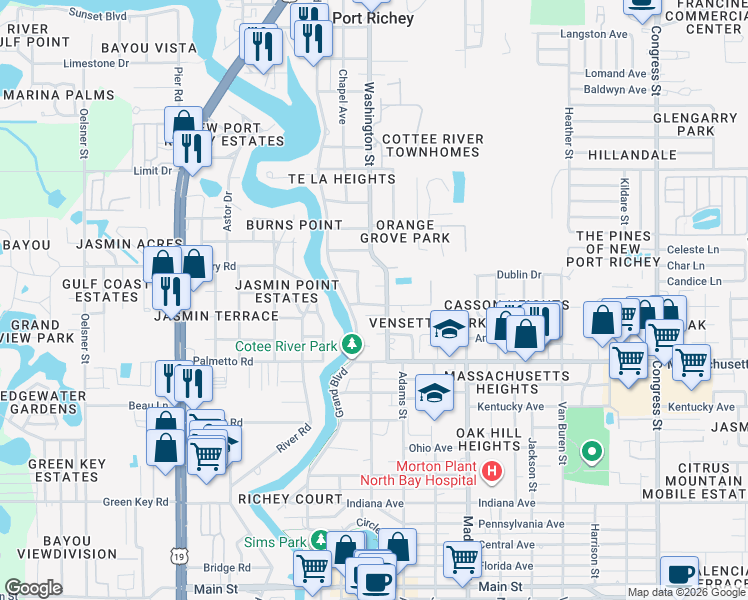 map of restaurants, bars, coffee shops, grocery stores, and more near 7143 Washington Street in New Port Richey