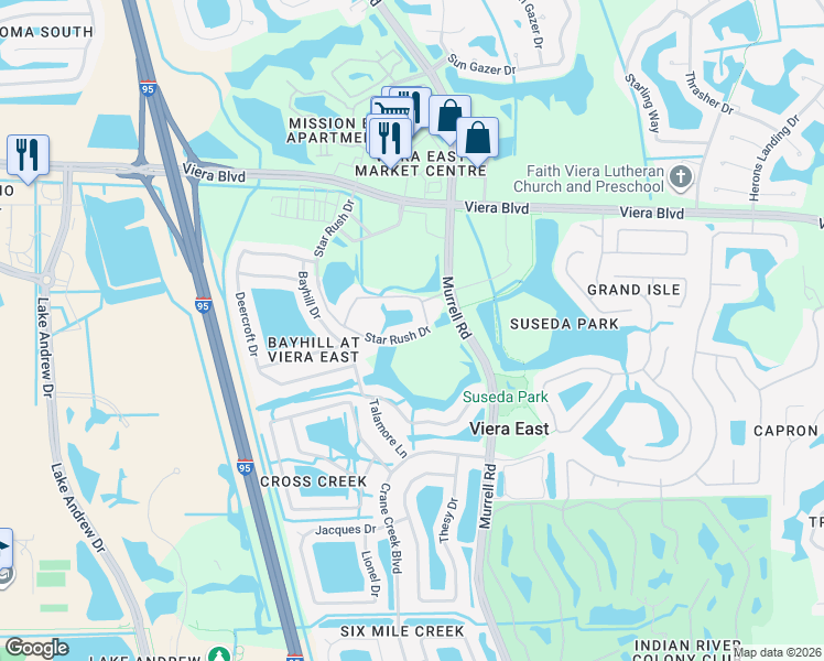 map of restaurants, bars, coffee shops, grocery stores, and more near 5693 Star Rush Drive in Melbourne