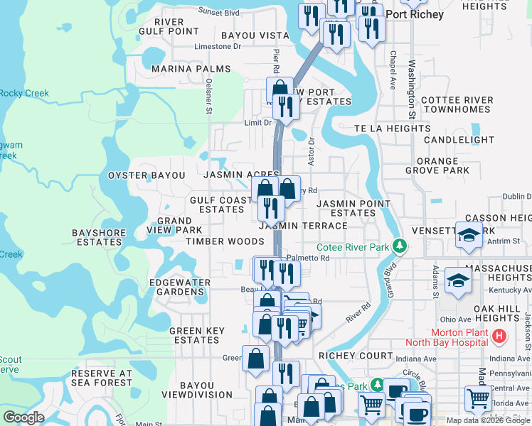 map of restaurants, bars, coffee shops, grocery stores, and more near 7129 U.S. 19 in New Port Richey