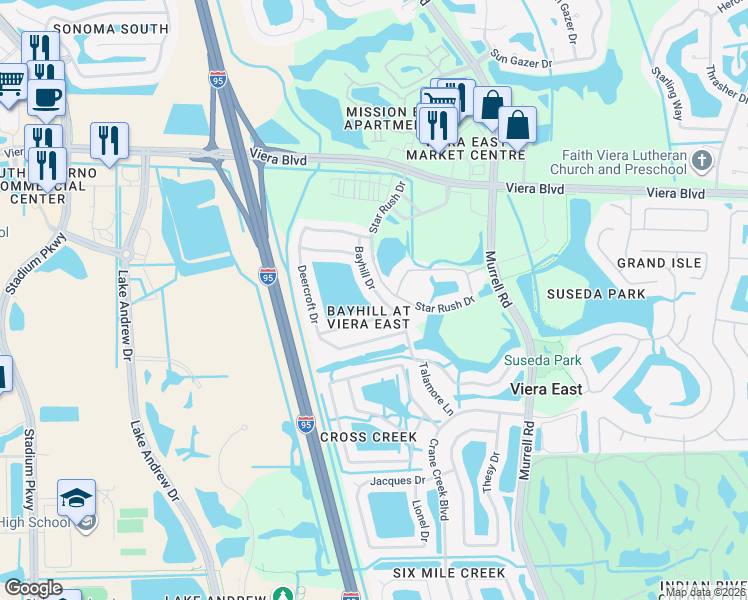 map of restaurants, bars, coffee shops, grocery stores, and more near 2415 Bayhill Drive in Melbourne