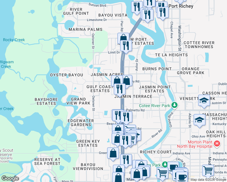map of restaurants, bars, coffee shops, grocery stores, and more near 7149 Wedgewood Drive in New Port Richey