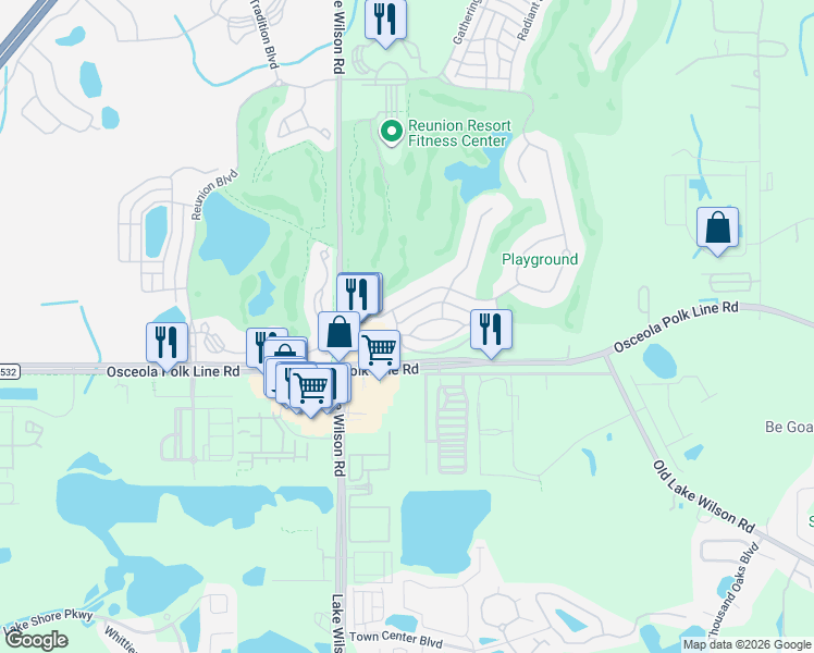 map of restaurants, bars, coffee shops, grocery stores, and more near 7509 Mourning Dove Circle in Osceola