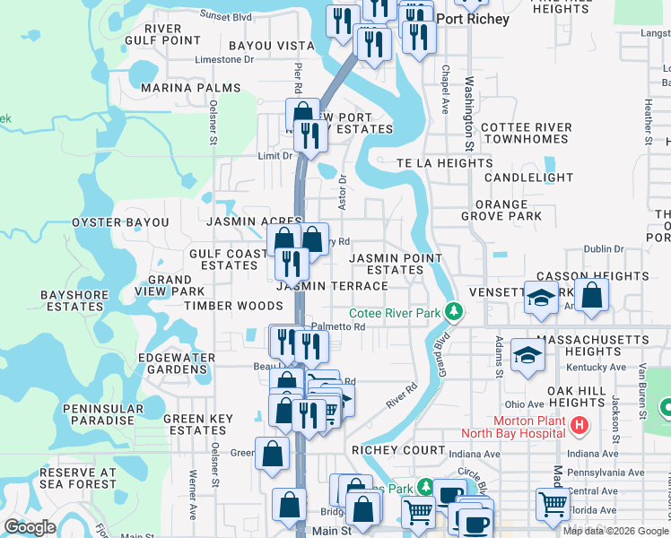 map of restaurants, bars, coffee shops, grocery stores, and more near 5313 Berkley Road in New Port Richey