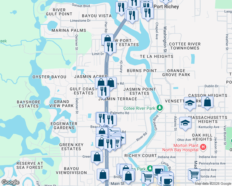 map of restaurants, bars, coffee shops, grocery stores, and more near 5313 Berkley Road in New Port Richey
