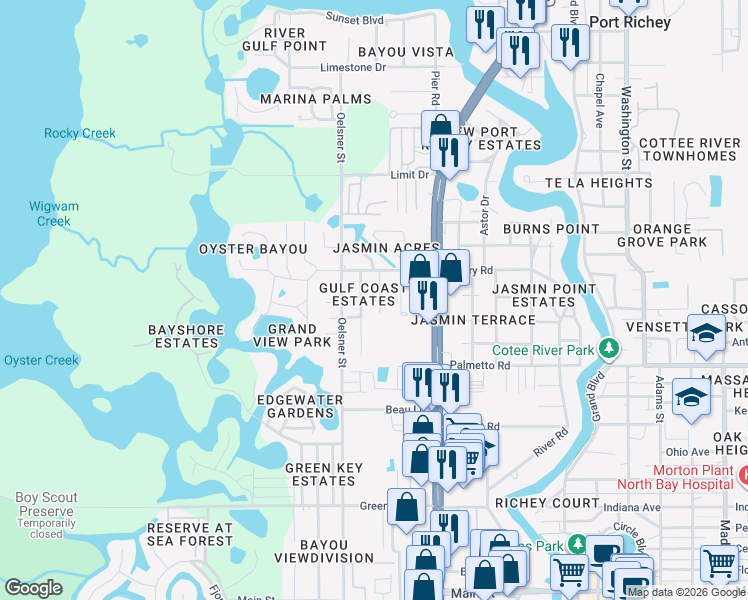 map of restaurants, bars, coffee shops, grocery stores, and more near 7152 Oakwood Drive in New Port Richey