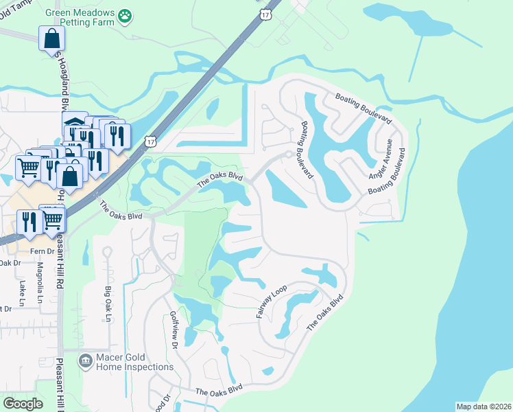 map of restaurants, bars, coffee shops, grocery stores, and more near 2570 The Oaks Boulevard in Kissimmee