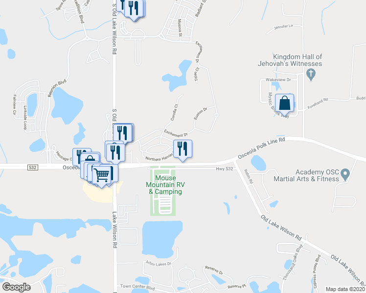 map of restaurants, bars, coffee shops, grocery stores, and more near 1501 Northern Harrier Way in Osceola