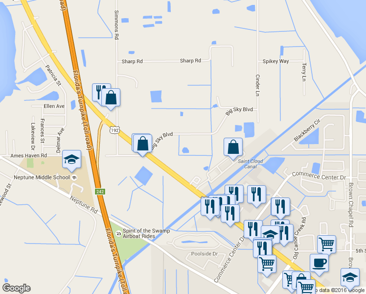 map of restaurants, bars, coffee shops, grocery stores, and more near 2930 Big Sky Boulevard in Kissimmee