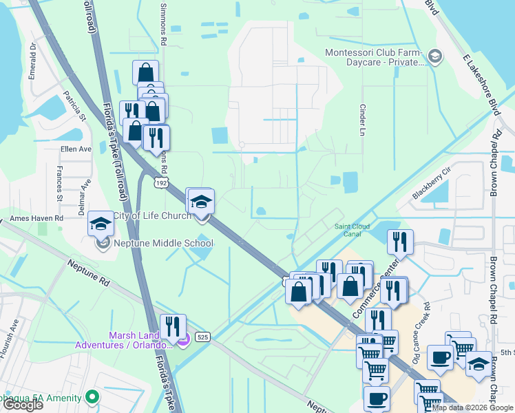 map of restaurants, bars, coffee shops, grocery stores, and more near 2930 Big Sky Boulevard in Kissimmee