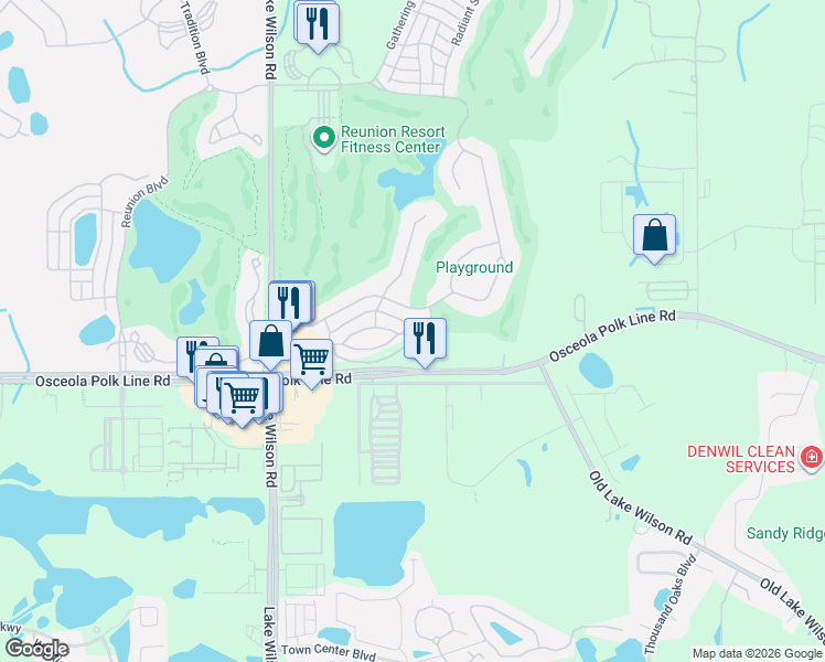 map of restaurants, bars, coffee shops, grocery stores, and more near 7521 Mourning Dove Circle in Kissimmee