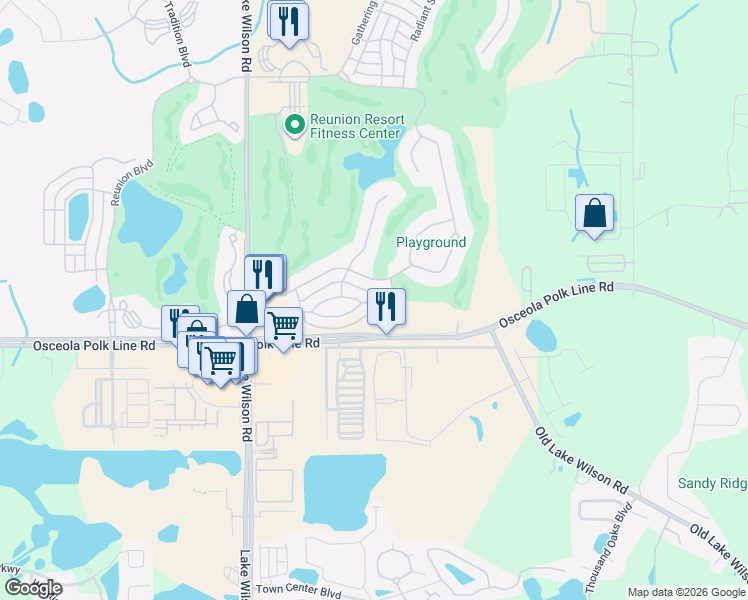 map of restaurants, bars, coffee shops, grocery stores, and more near 7521 Mourning Dove Circle in Kissimmee