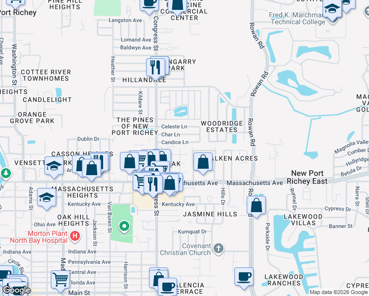 map of restaurants, bars, coffee shops, grocery stores, and more near 6606 Candice Lane in New Port Richey