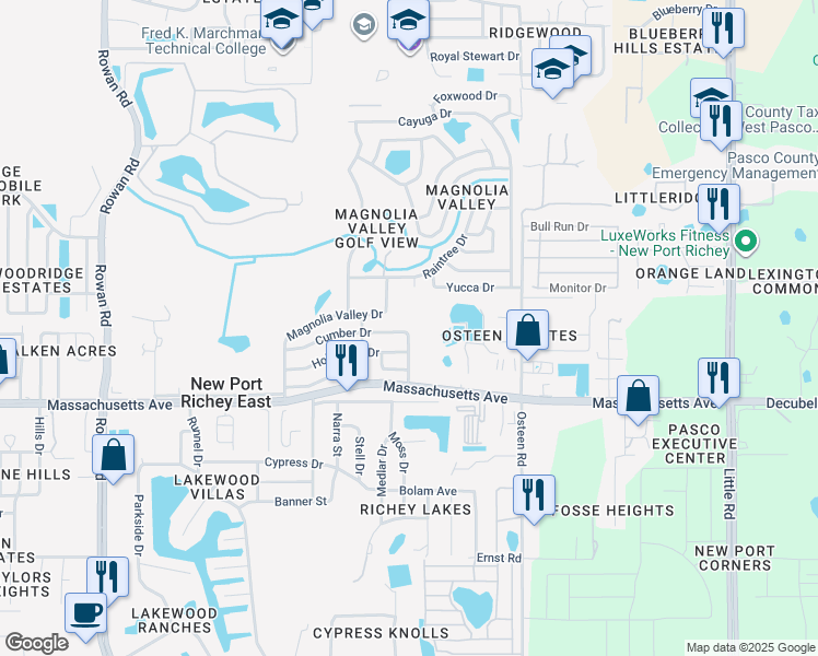 map of restaurants, bars, coffee shops, grocery stores, and more near 7715 Cumber Drive in New Port Richey