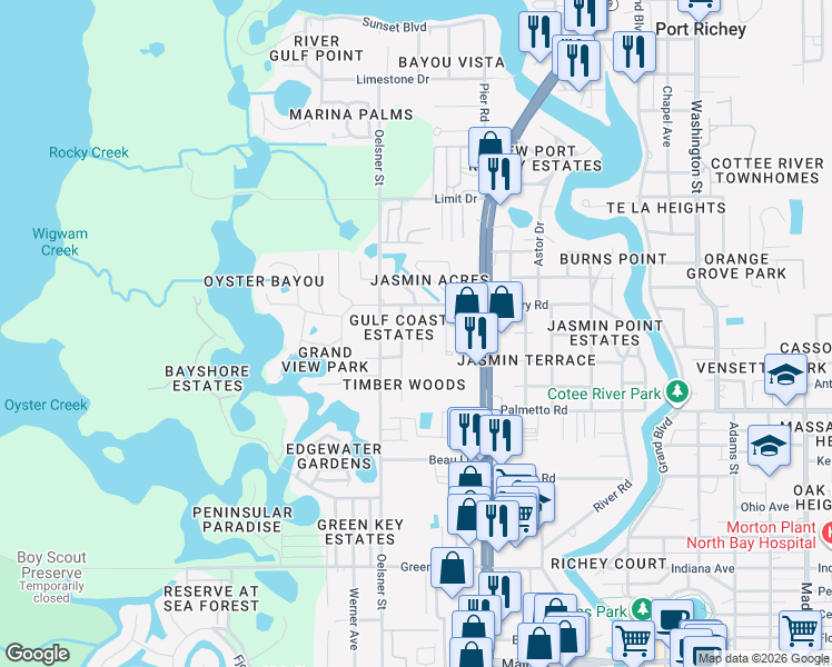 map of restaurants, bars, coffee shops, grocery stores, and more near 7152 Oakwood Drive in New Port Richey