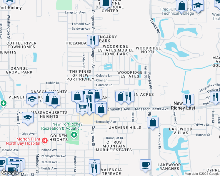map of restaurants, bars, coffee shops, grocery stores, and more near 6606 Candice Lane in New Port Richey