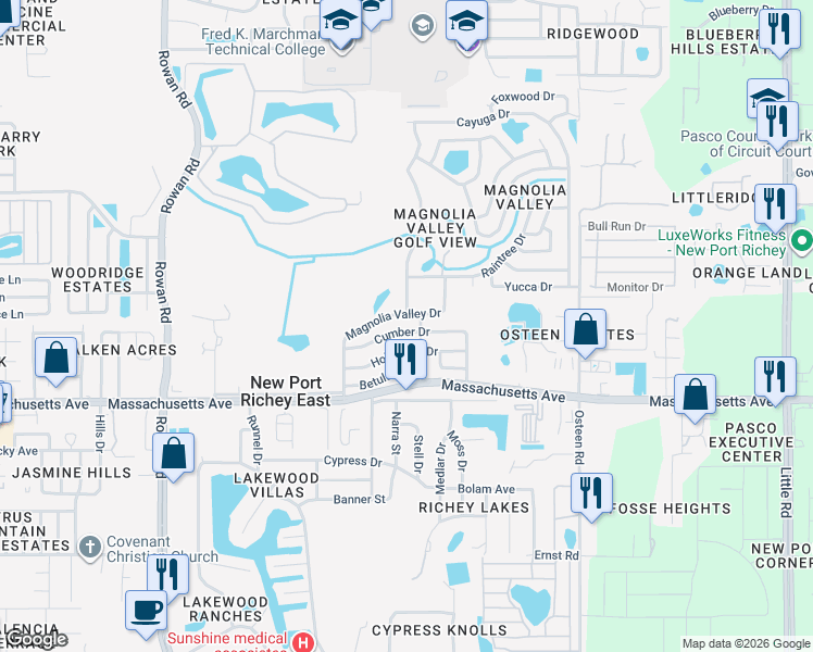 map of restaurants, bars, coffee shops, grocery stores, and more near 7547 Cumber Drive in New Port Richey