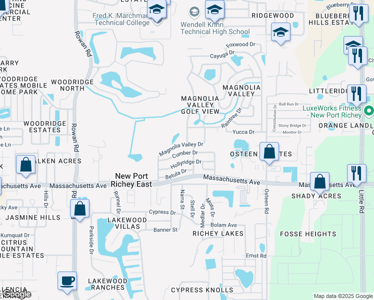 map of restaurants, bars, coffee shops, grocery stores, and more near 7547 Cumber Drive in New Port Richey
