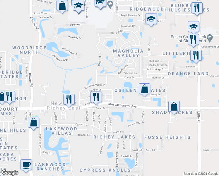 map of restaurants, bars, coffee shops, grocery stores, and more near 7701 Cumber Drive in New Port Richey