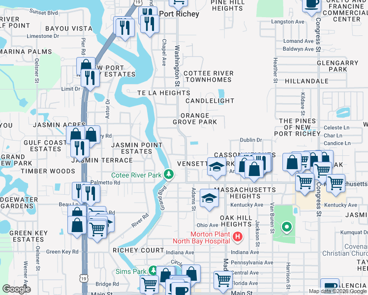 map of restaurants, bars, coffee shops, grocery stores, and more near 7143 Washington Street in New Port Richey