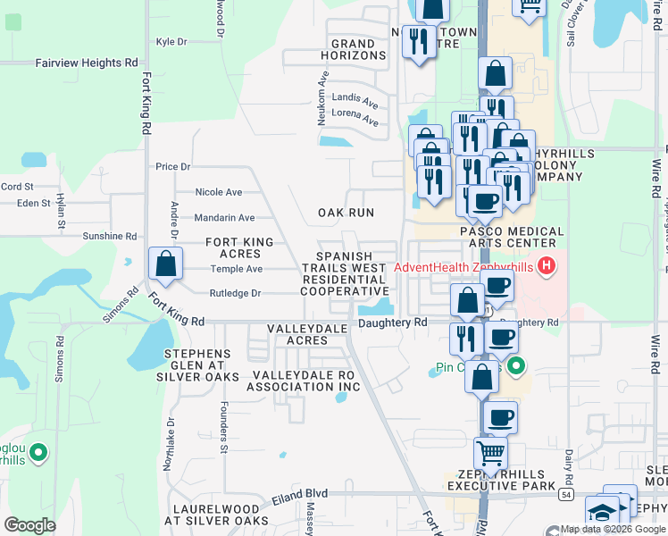 map of restaurants, bars, coffee shops, grocery stores, and more near 7130 Naranja Street in Zephyrhills