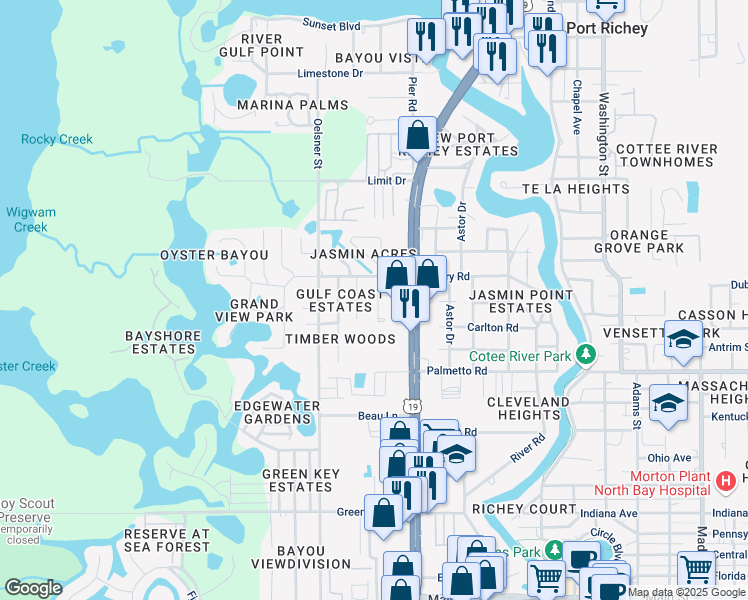 map of restaurants, bars, coffee shops, grocery stores, and more near 7149 Wedgewood Drive in New Port Richey