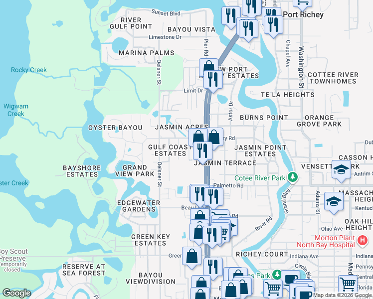 map of restaurants, bars, coffee shops, grocery stores, and more near 7149 Wedgewood Drive in New Port Richey