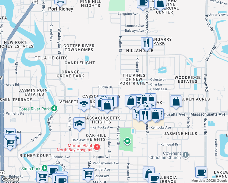 map of restaurants, bars, coffee shops, grocery stores, and more near 7148 Ramor Lane in New Port Richey