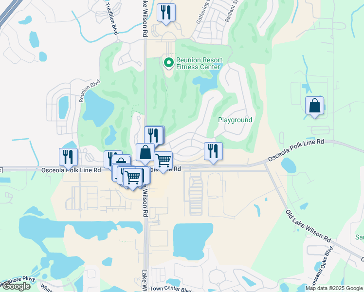 map of restaurants, bars, coffee shops, grocery stores, and more near 7402 Excitement Drive in Kissimmee