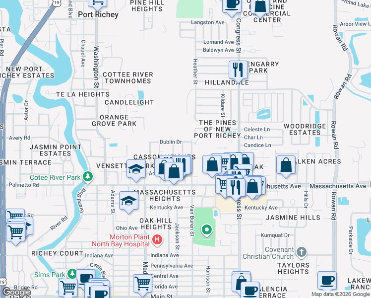 map of restaurants, bars, coffee shops, grocery stores, and more near in Pasco County