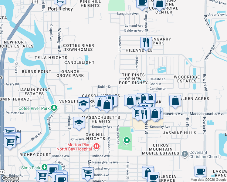 map of restaurants, bars, coffee shops, grocery stores, and more near 7148 Ramor Lane in New Port Richey