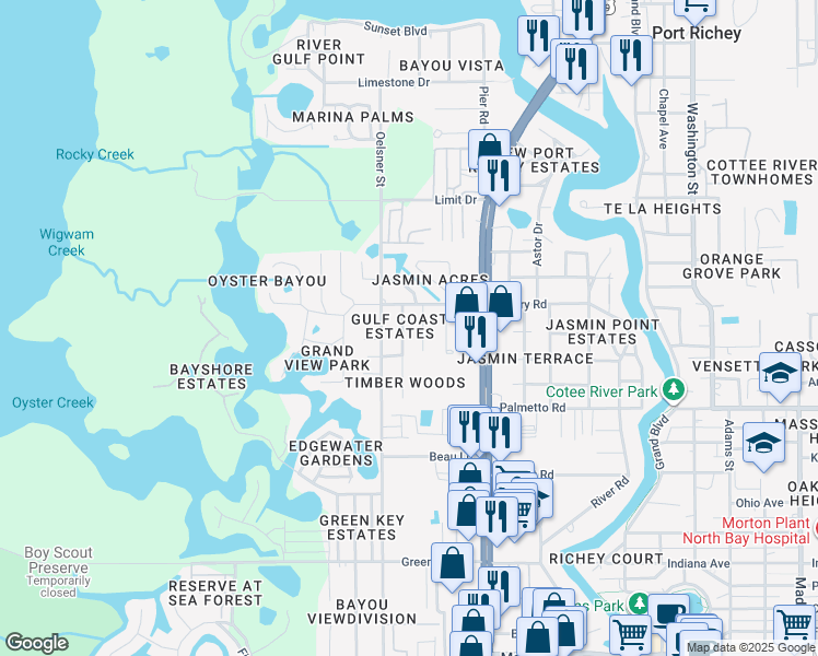 map of restaurants, bars, coffee shops, grocery stores, and more near 7152 Oakwood Dr in New Port Richey