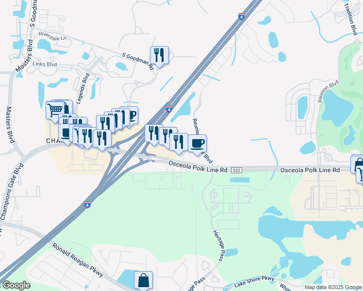 map of restaurants, bars, coffee shops, grocery stores, and more near Kemp Road in CHAMPIONS GT