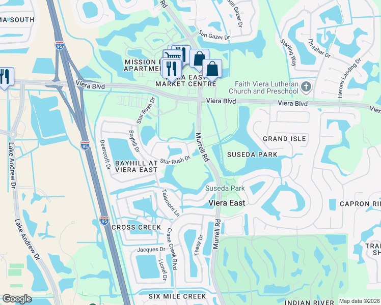map of restaurants, bars, coffee shops, grocery stores, and more near 5664 Star Rush Drive in Melbourne
