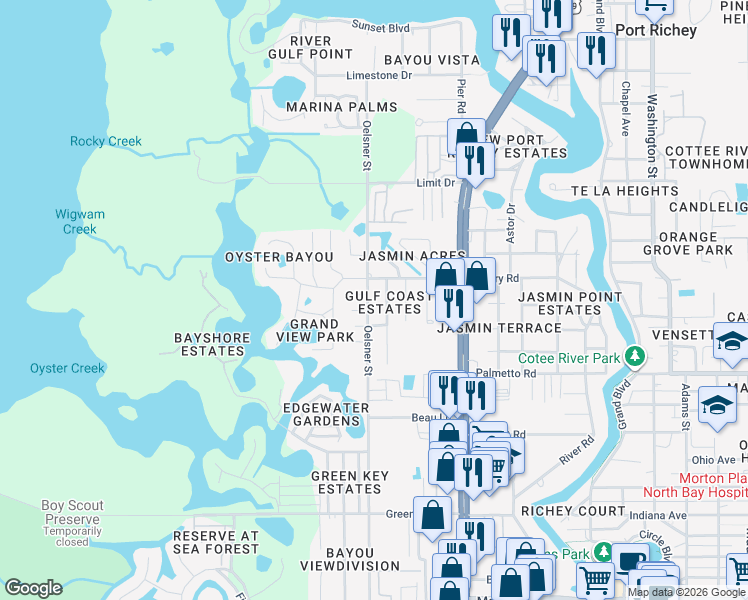 map of restaurants, bars, coffee shops, grocery stores, and more near 7152 Oakwood Drive in New Port Richey
