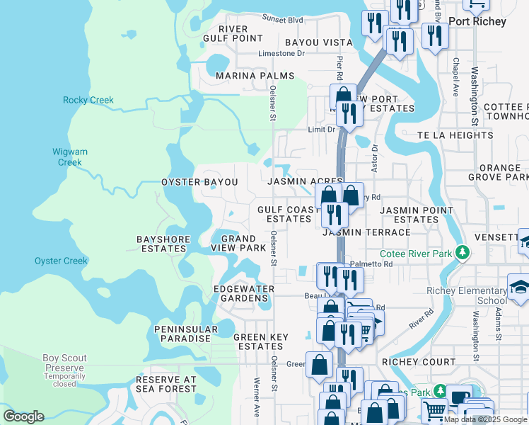 map of restaurants, bars, coffee shops, grocery stores, and more near 4934 Amherst Court in Port Richey