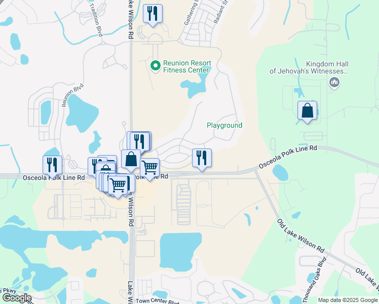 map of restaurants, bars, coffee shops, grocery stores, and more near 7521 Mourning Dove Circle in Kissimmee