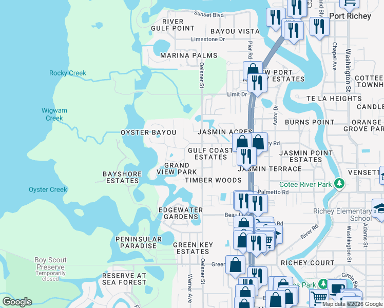 map of restaurants, bars, coffee shops, grocery stores, and more near 4934 Amherst Court in Port Richey