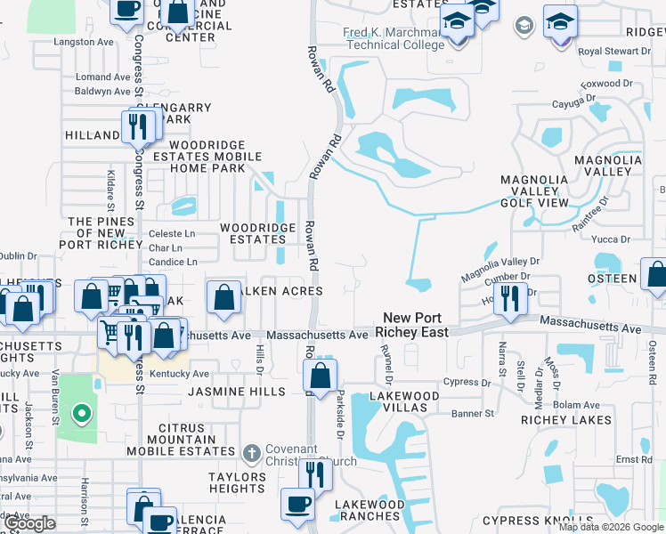 map of restaurants, bars, coffee shops, grocery stores, and more near 7024 Paul Revere Terrace in New Port Richey