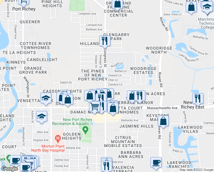 map of restaurants, bars, coffee shops, grocery stores, and more near 7154 Congress Street in New Port Richey