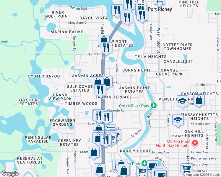 map of restaurants, bars, coffee shops, grocery stores, and more near 5313 Berkley Road in New Port Richey