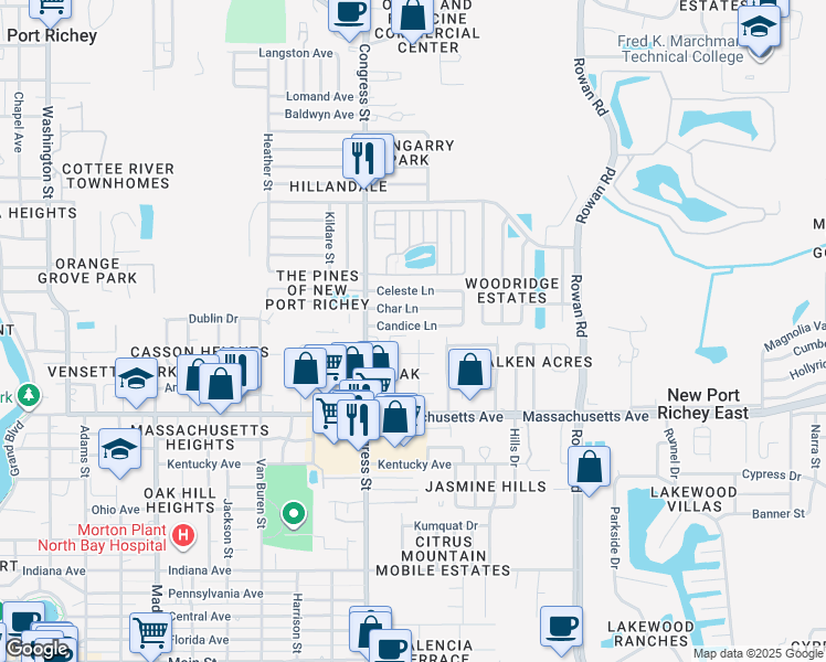 map of restaurants, bars, coffee shops, grocery stores, and more near 6606 Candice Ln in New Port Richey