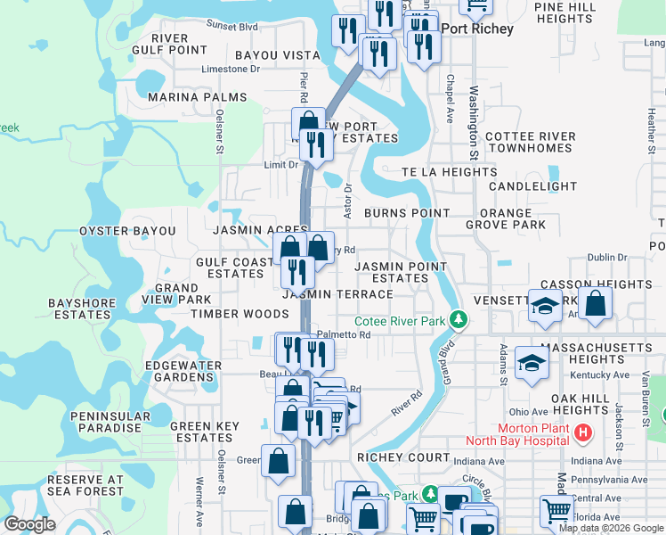 map of restaurants, bars, coffee shops, grocery stores, and more near 5313 Berkley Road in New Port Richey