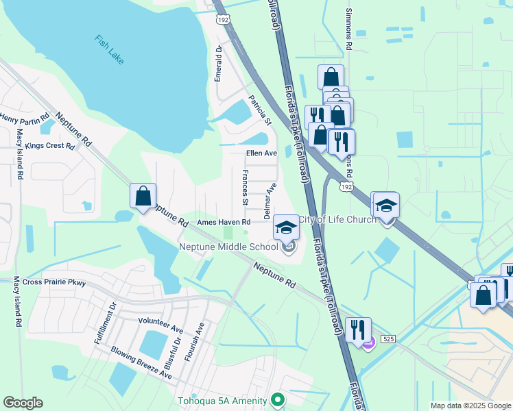 map of restaurants, bars, coffee shops, grocery stores, and more near 2657 Shirley Avenue in Kissimmee