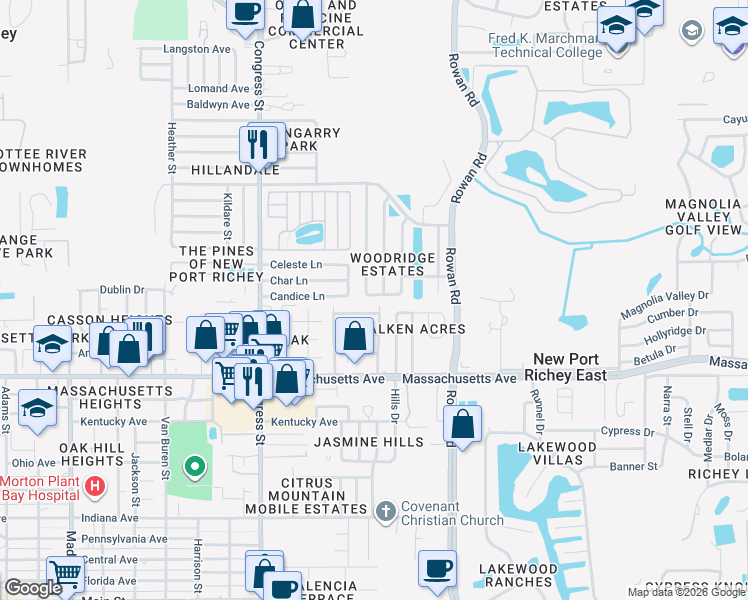map of restaurants, bars, coffee shops, grocery stores, and more near 6754 Ventura Drive in New Port Richey