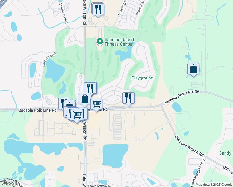 map of restaurants, bars, coffee shops, grocery stores, and more near 7503 Mourning Dove Circle in Kissimmee