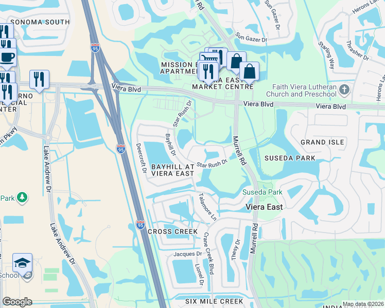 map of restaurants, bars, coffee shops, grocery stores, and more near 2348 Bayhill Drive in Melbourne