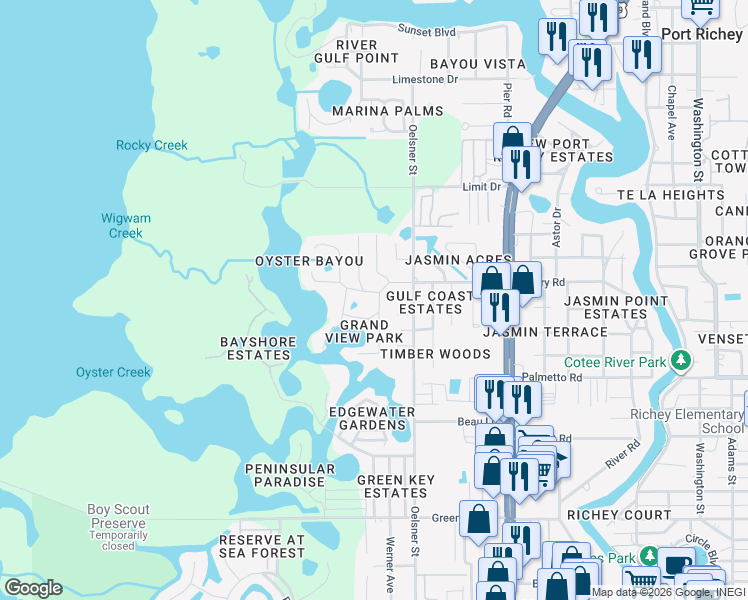 map of restaurants, bars, coffee shops, grocery stores, and more near 4844 Grandview Avenue in Port Richey