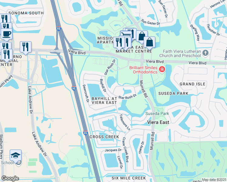 map of restaurants, bars, coffee shops, grocery stores, and more near 1778 Sophias Drive in Melbourne