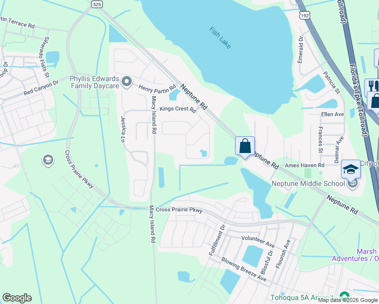 map of restaurants, bars, coffee shops, grocery stores, and more near 2370 Kings Crest Road in Kissimmee