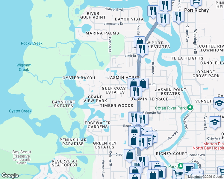 map of restaurants, bars, coffee shops, grocery stores, and more near 7152 Oakwood Drive in New Port Richey